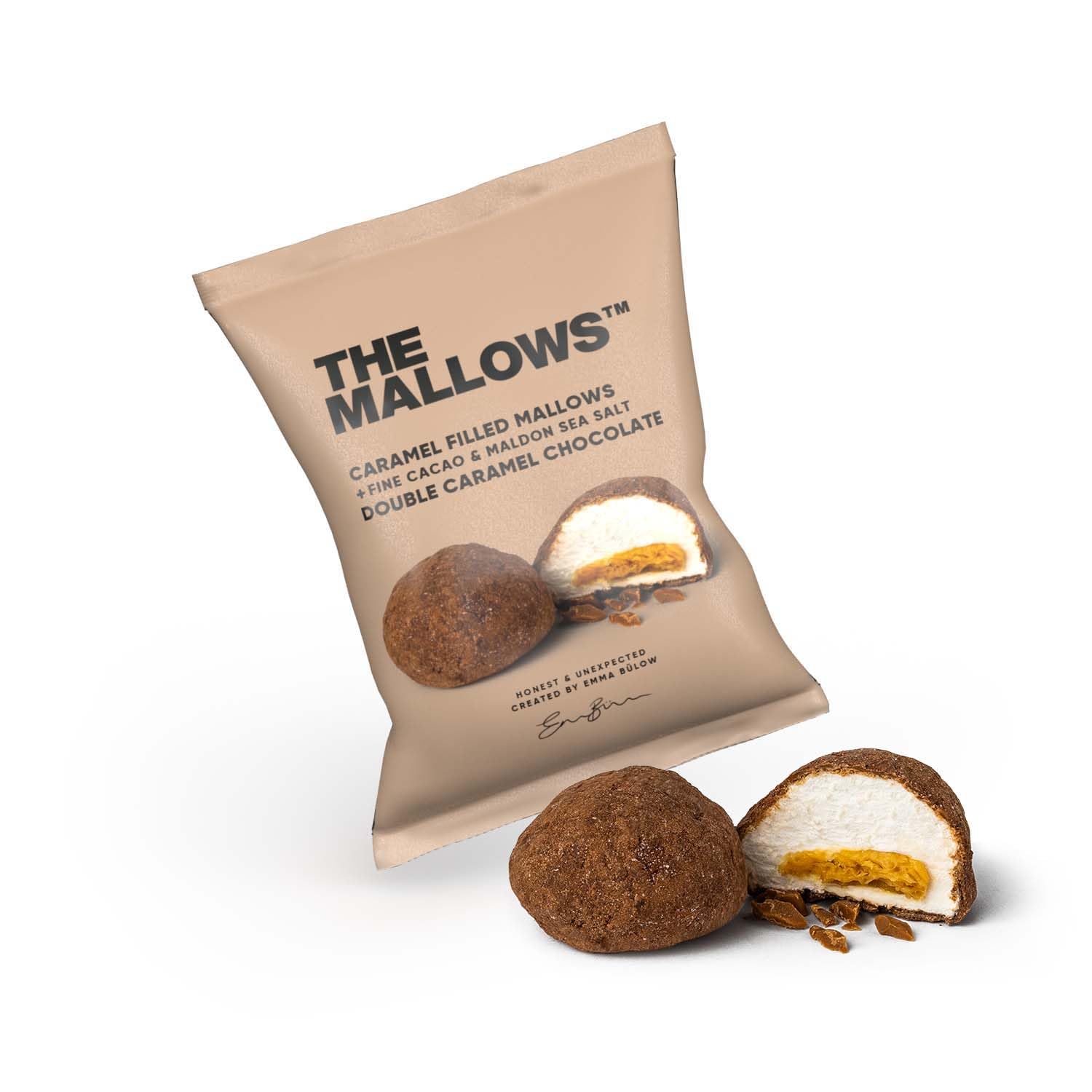 The Mallows Marshmallows met karamelvulling en chocolade dubbele karamelchocolade, 18 g