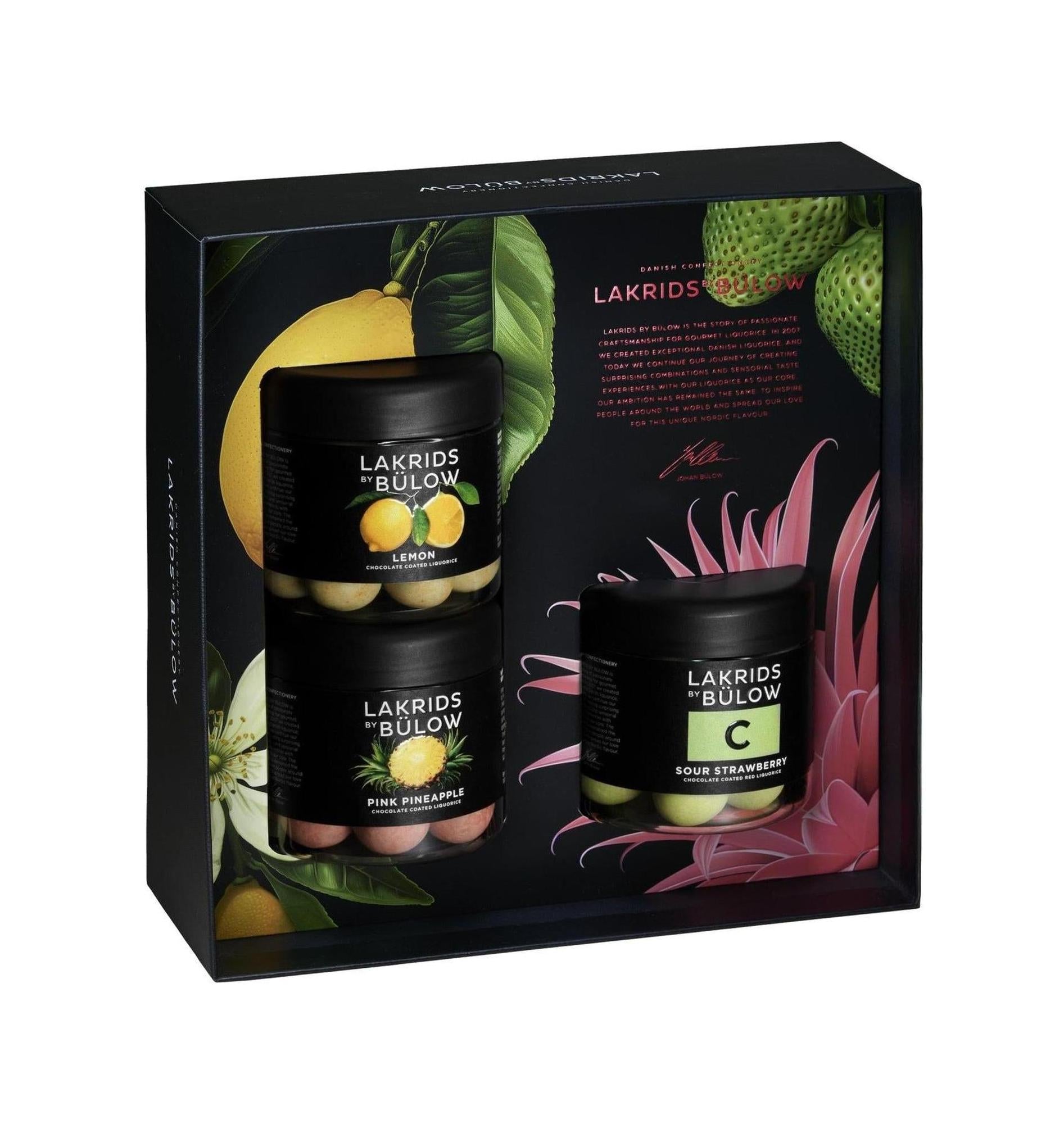 Lakrids by Bülow Cutie Neagră 3x Mică, Lămâie/Ananas Roz/Căpșuni Acrișoare, 375g 