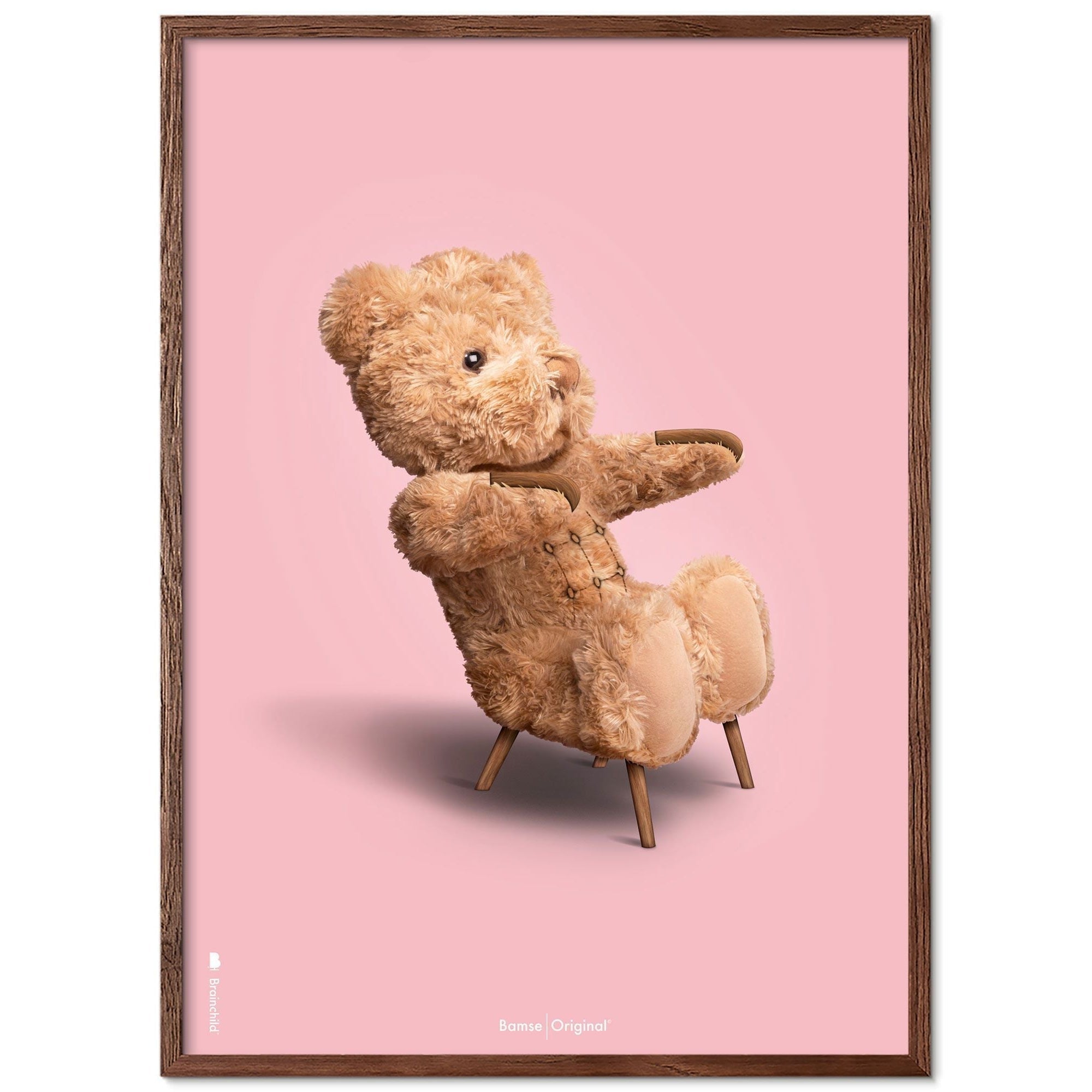 Brainchild Teddy Bear Classic Poster Dark Wood Frame Ram A5, lyserød baggrund