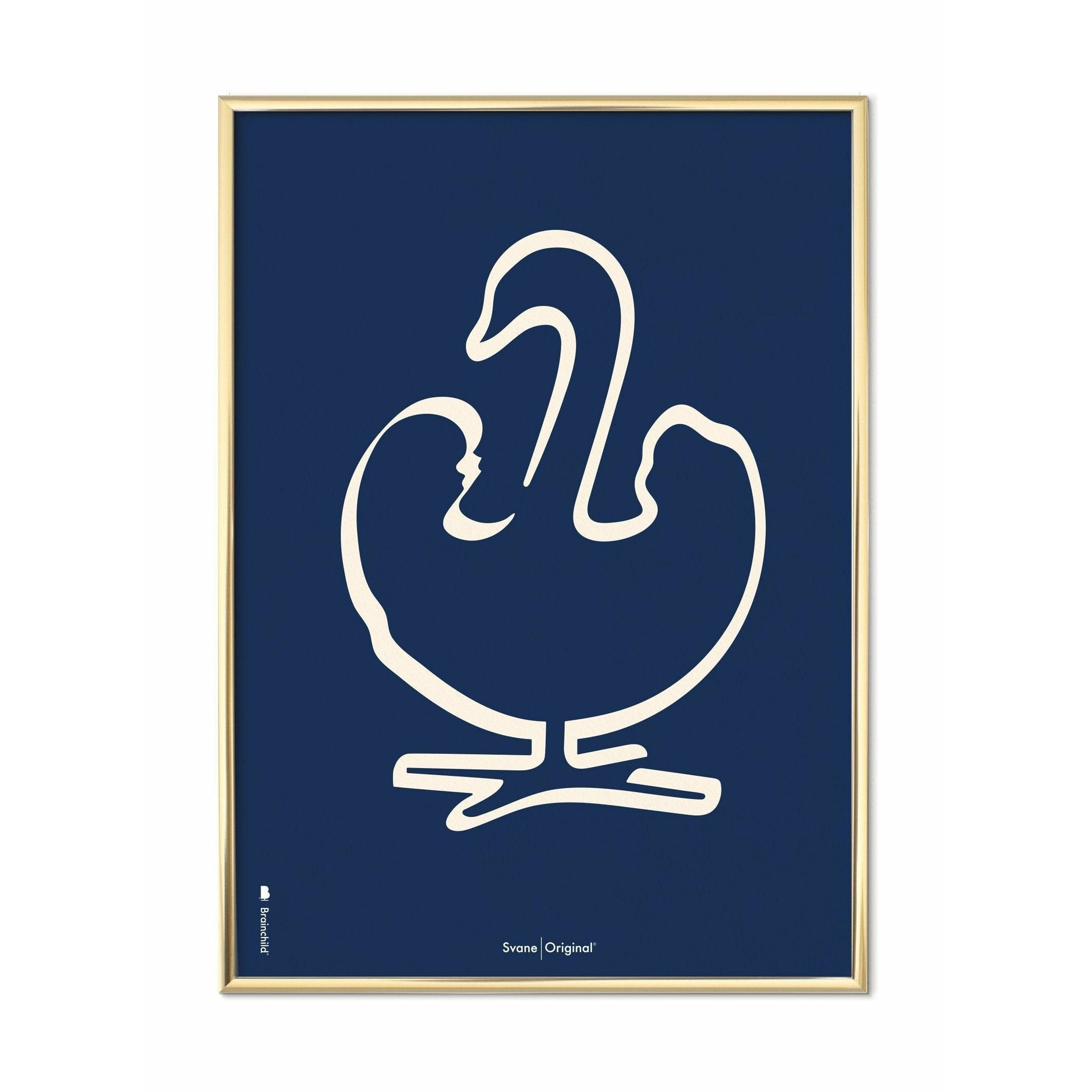 Brainchild Swan Line plakat, messingfarvet ramme A5, blå baggrund