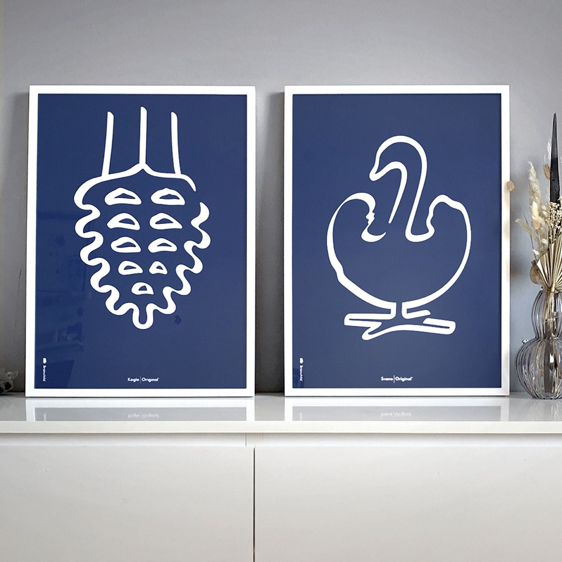 Brainchild Swan Line -plakat, ramme lavet af let træ 70 x100 cm, blå baggrund