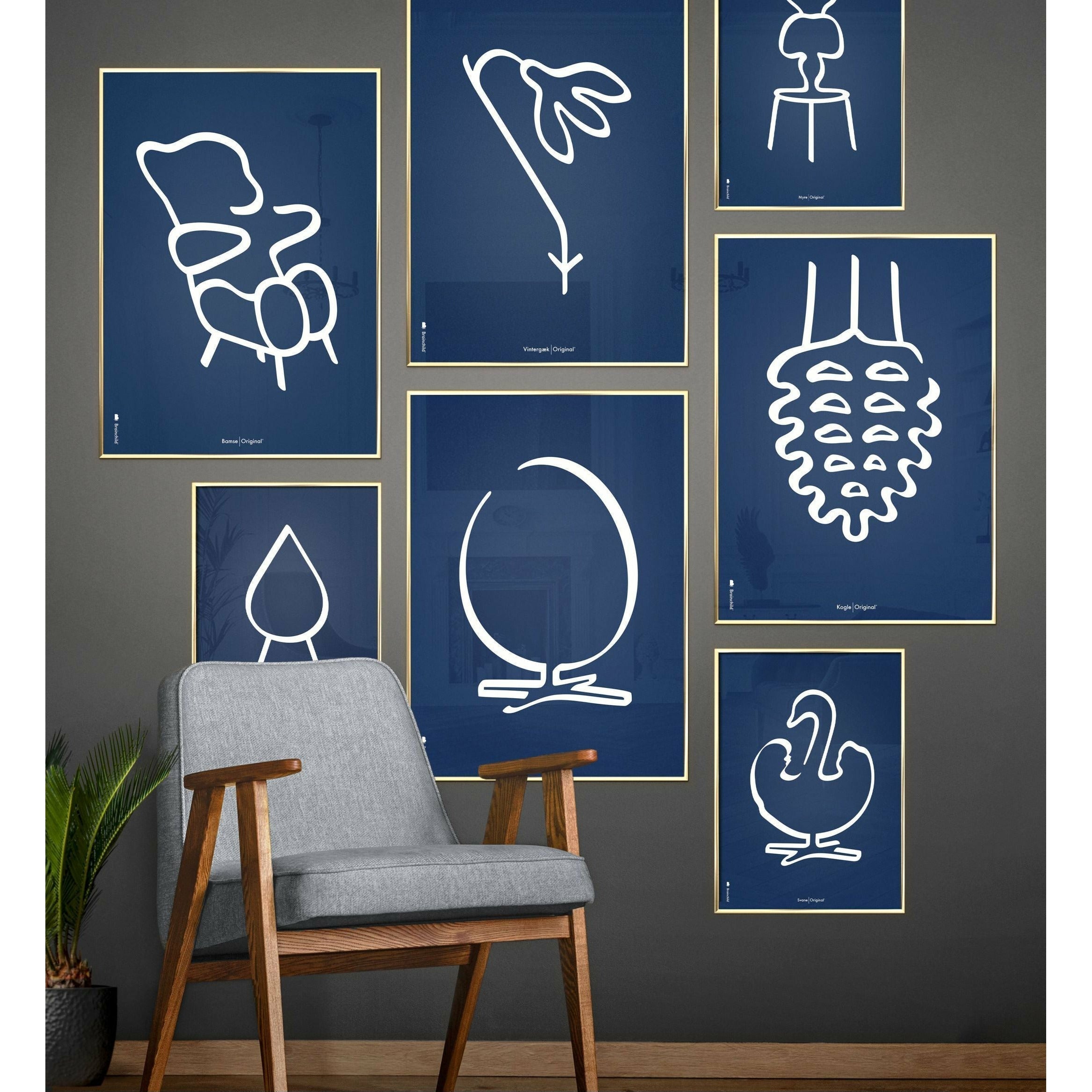 Brainchild Swan Line -plakat, ramme i sort lakeret træ A5, blå baggrund