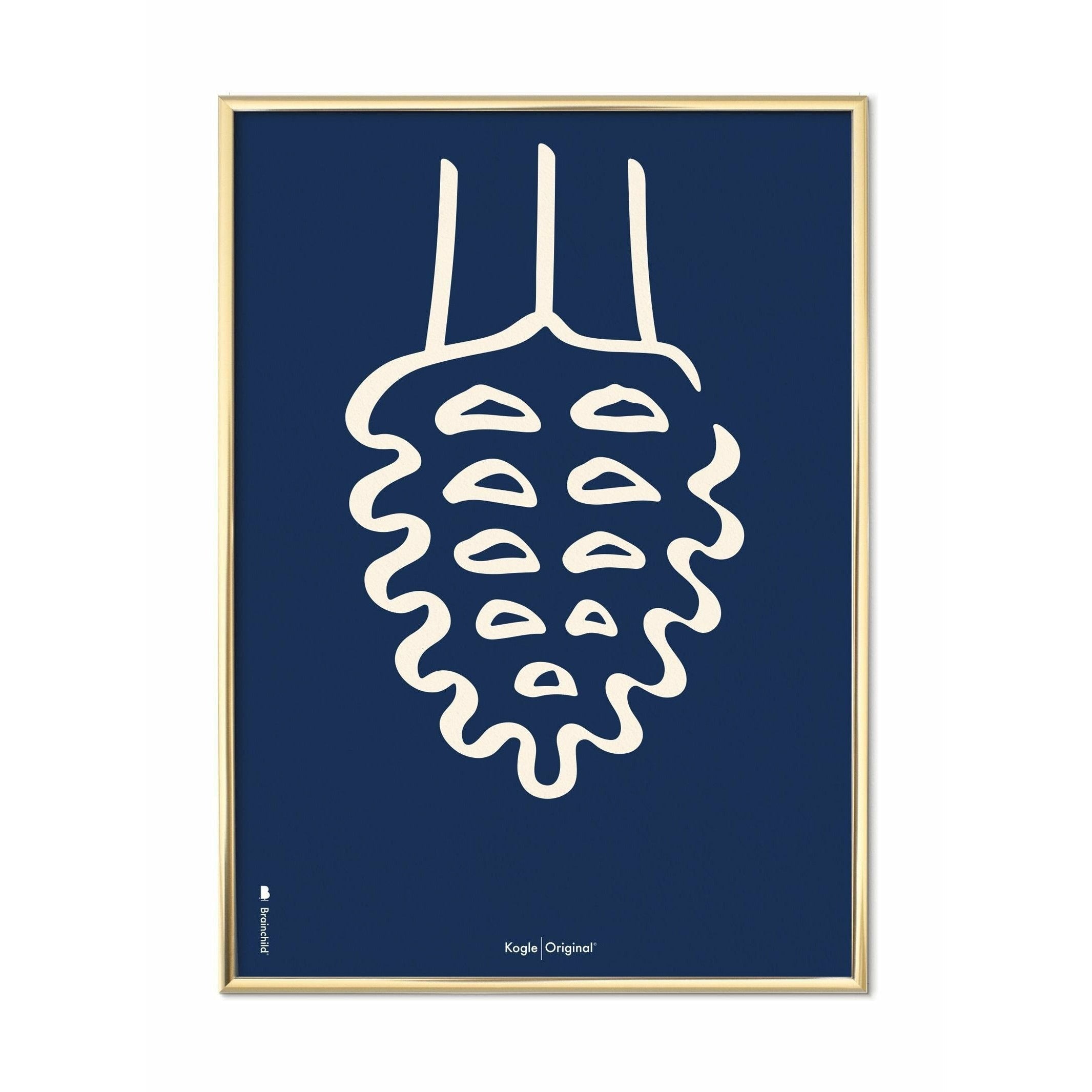 Brainchild Pine Cone Line -plakat, messingfarvet ramme 50x70 cm, blå baggrund