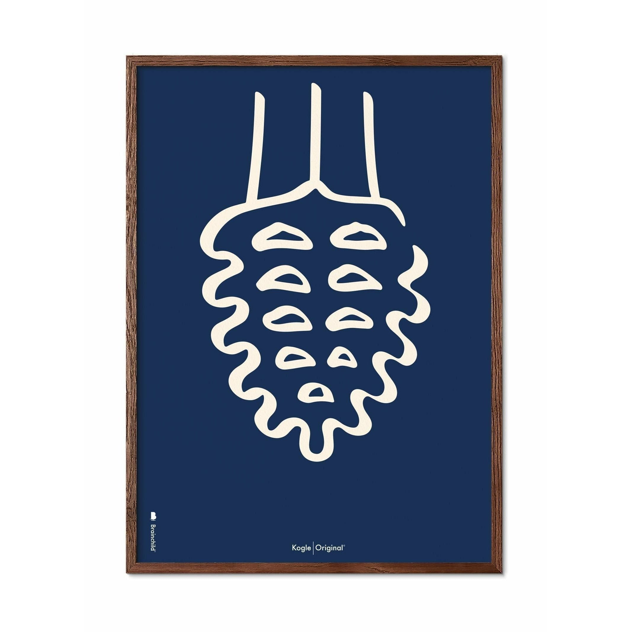 Brainchild Pine Cone Line -plakat, ramme lavet af mørk træ 70x100 cm, blå baggrund