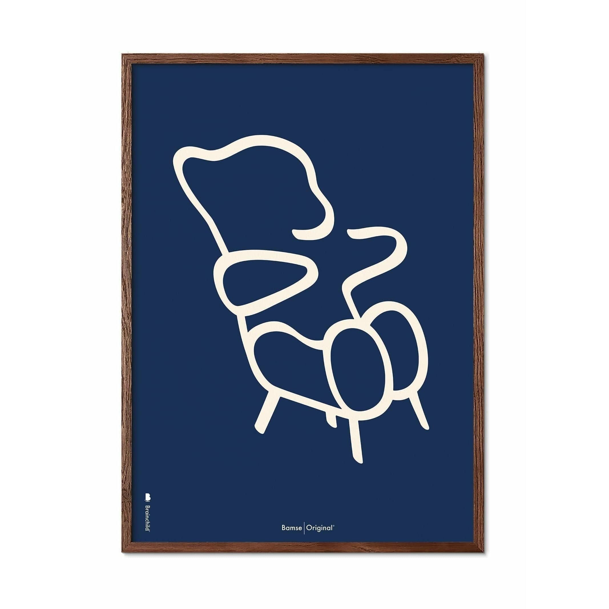 Brainchild Teddy Bear Line plakat, ramme lavet af mørk træ 50x70 cm, blå baggrund