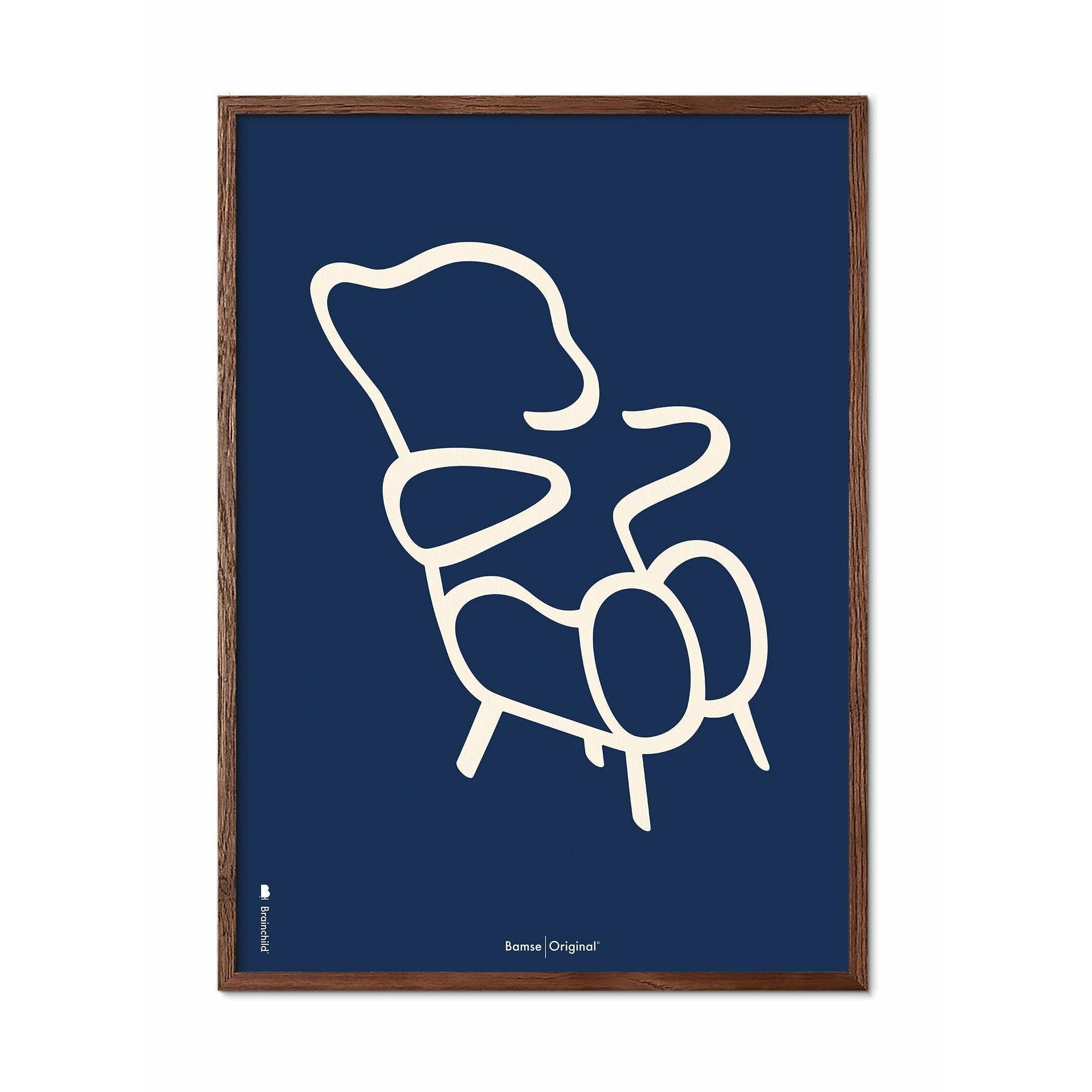 Brainchild Teddy Bear Line plakat, ramme lavet af mørkt træ A5, blå baggrund