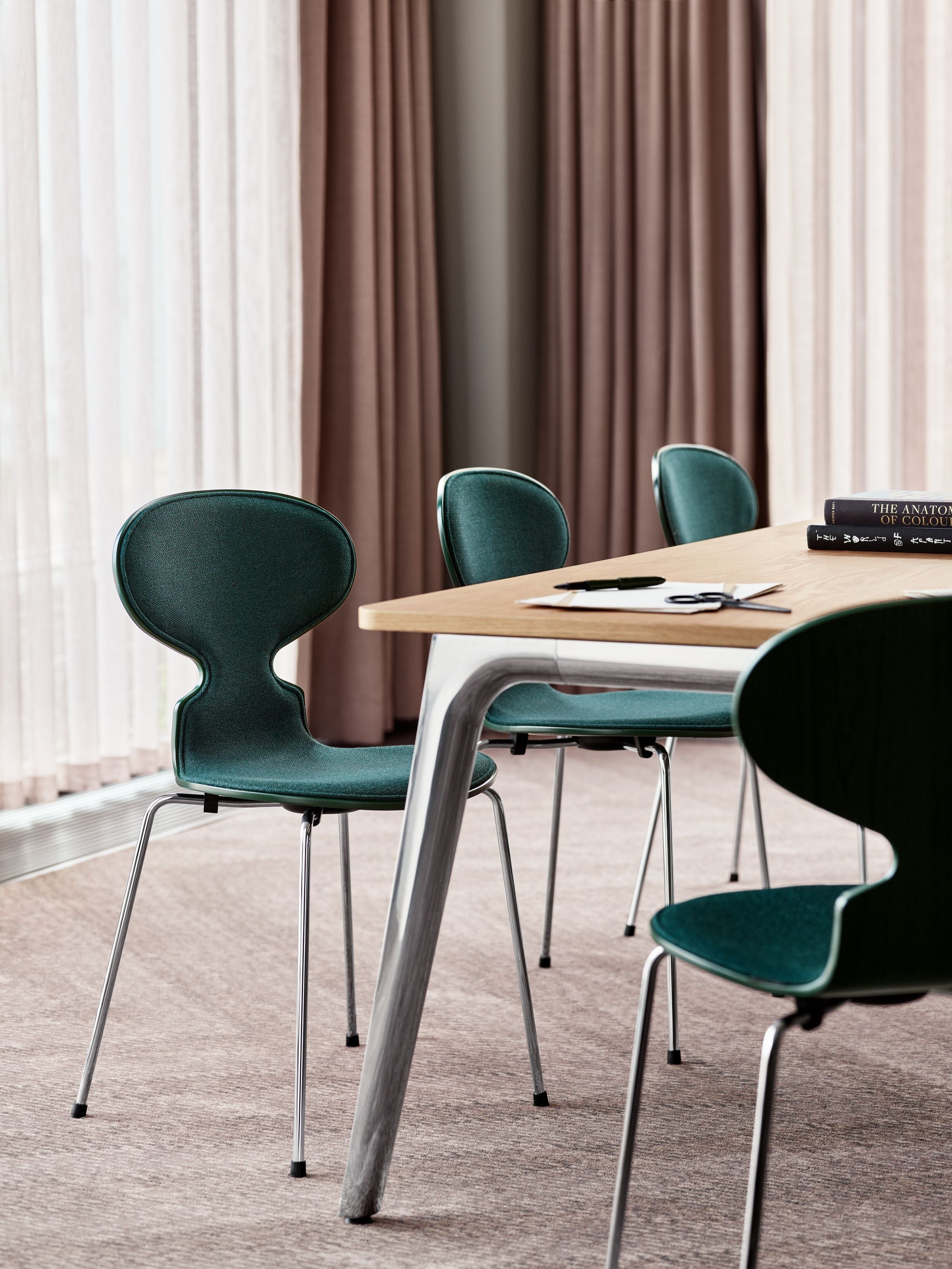 Fritz Hansen 3101 Ant Chair Front Upholstered, Shell: Lacquered Veneer Evergreen, Upholstery: Vidar Textile Dark Green, Base: Steel/Chrome