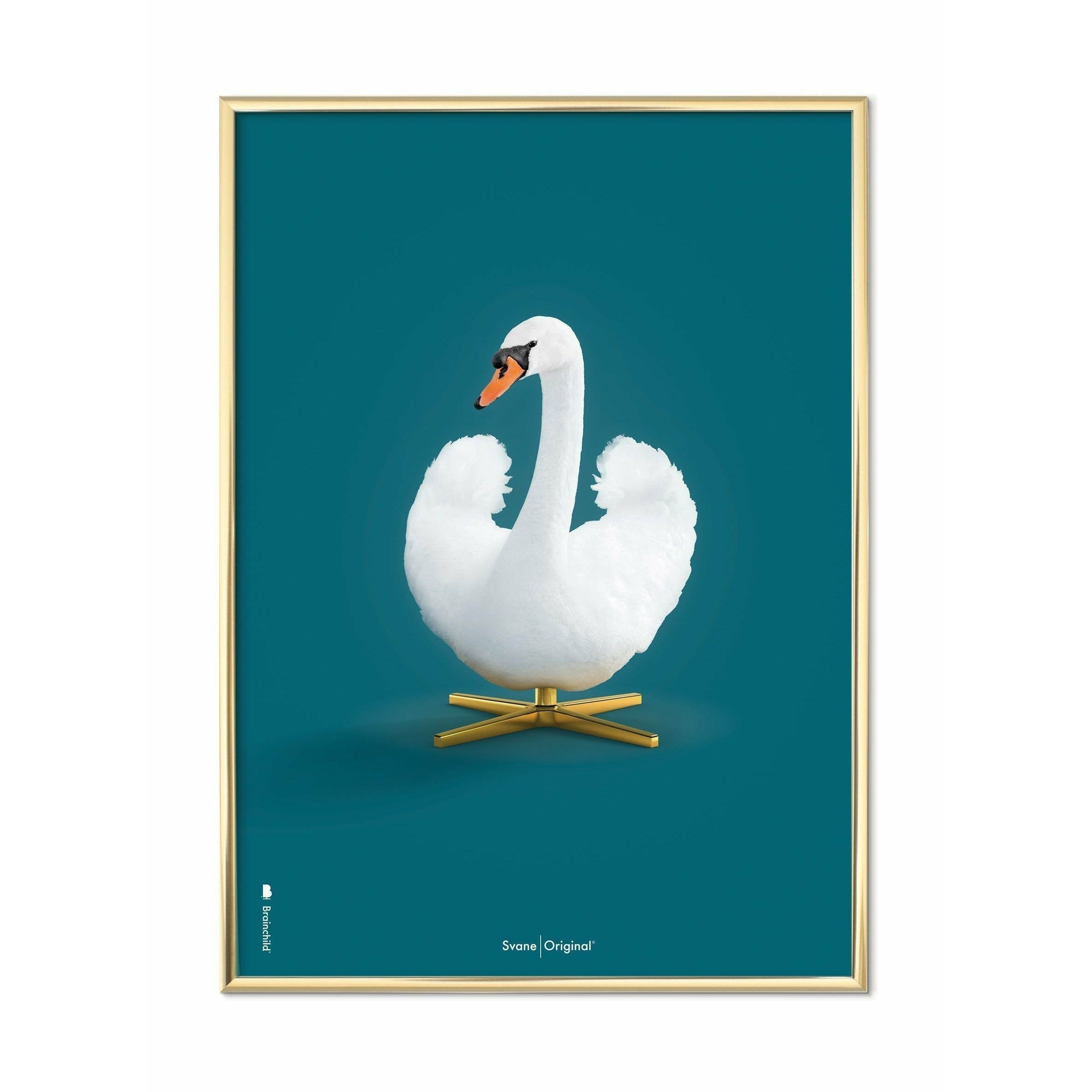 [product_category]-Brainchild Swan Classic Poster, Brass Colored Frame A5, Petroleum Blue Background-Brainchild-34001-D-BRA-1