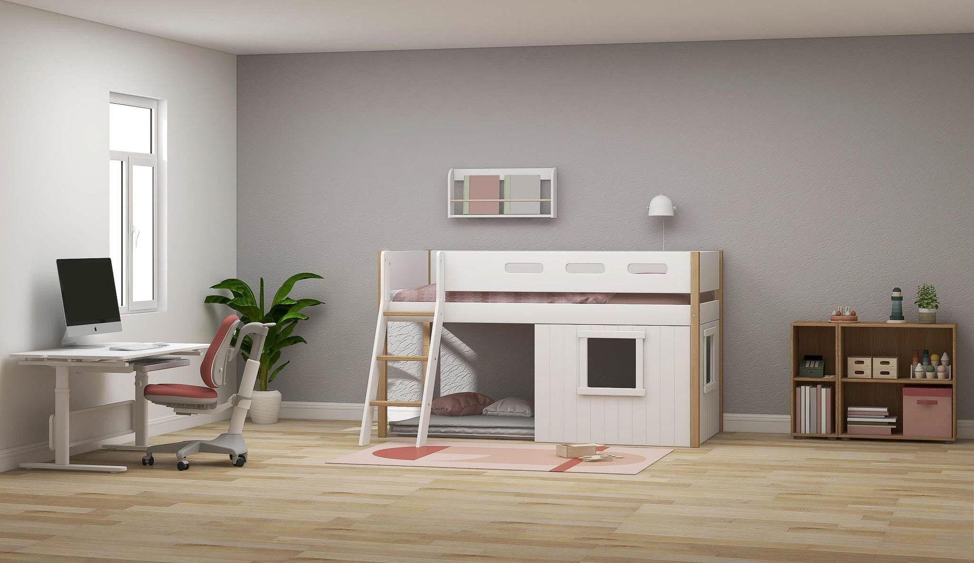 [product_category]-FLEXA Mid-high bed, sl. ladder & Treehouse Bed Fronts, white frame-FLEXA-5706459145631-90-10987-95-FLE-2