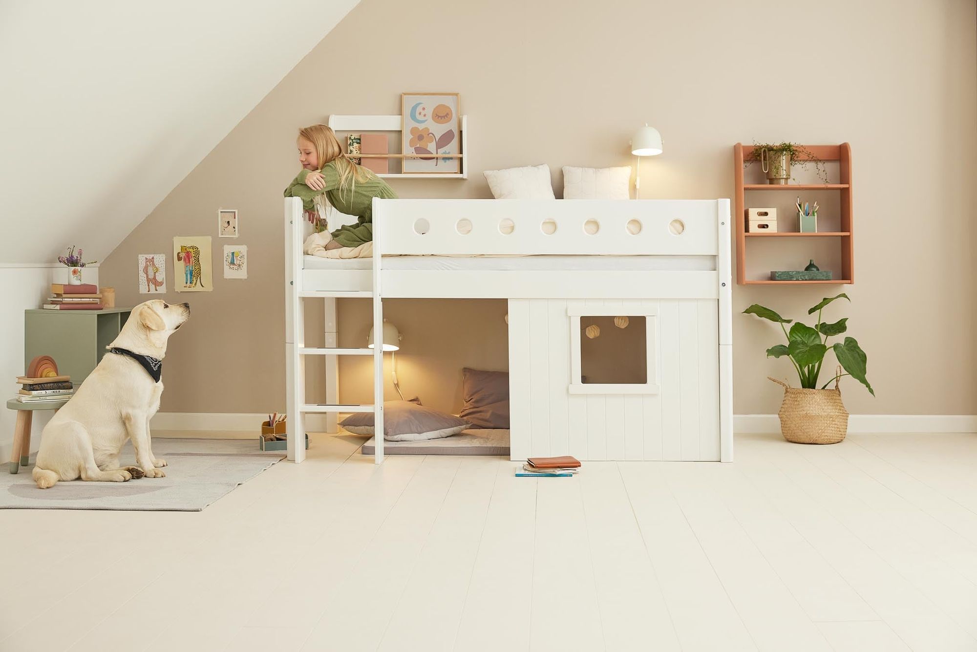 [product_category]-FLEXA Mid-high bed, str. ladder & Treehouse Bed Fronts, white frame-FLEXA-5706459145501-90-10974-40-FLE-4
