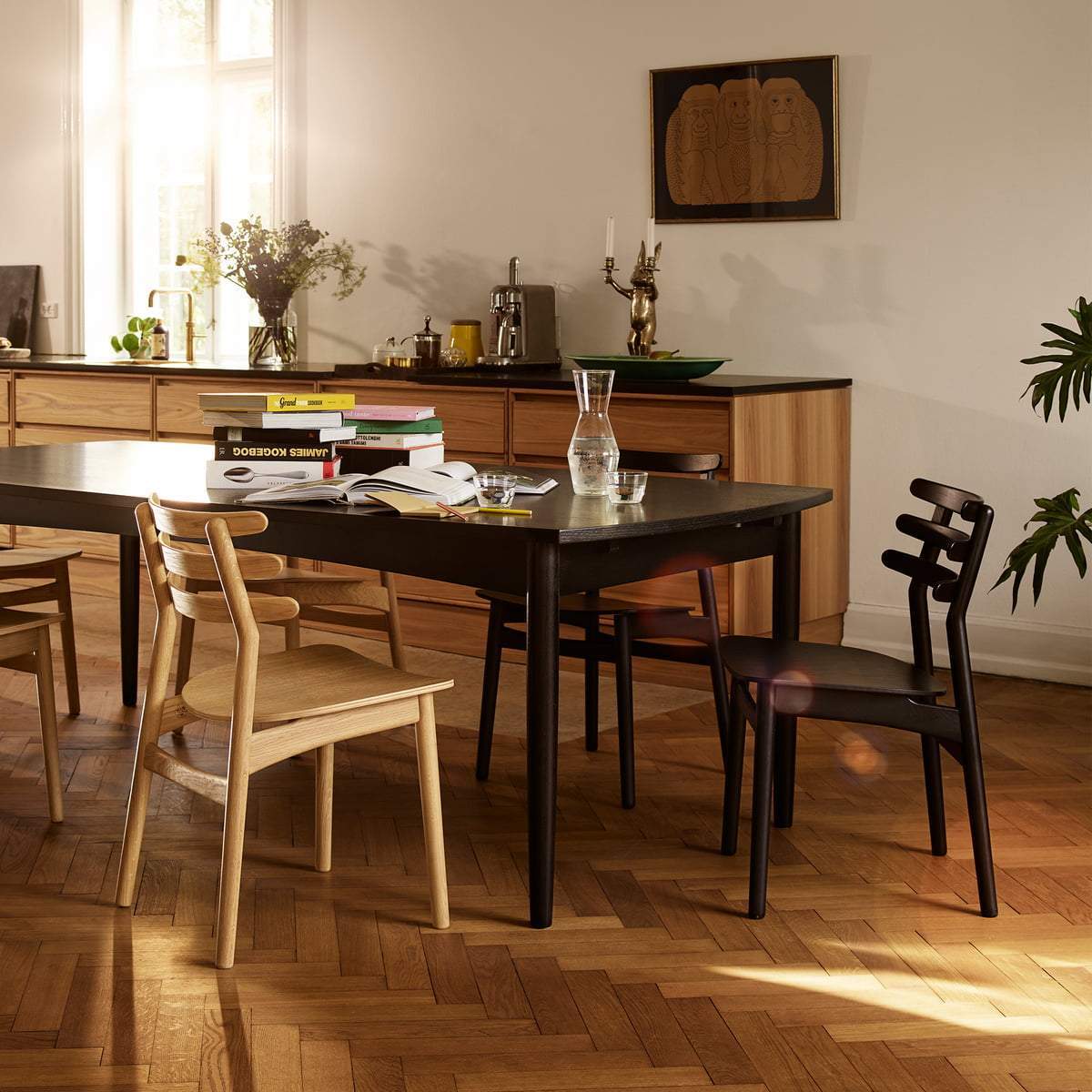 Fdb Møbler J48 Dining Table Chair, Oak, Black Leather