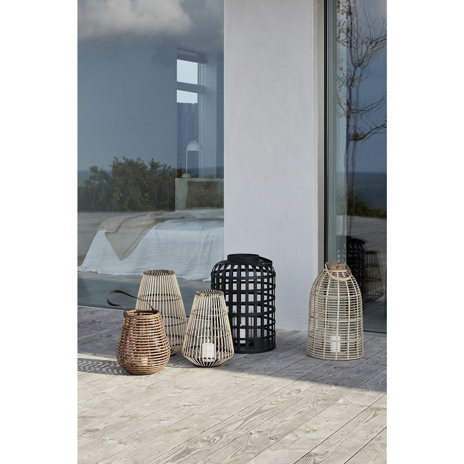 Hübsch Grid Lantern Round Bamboo Black Set Of 2