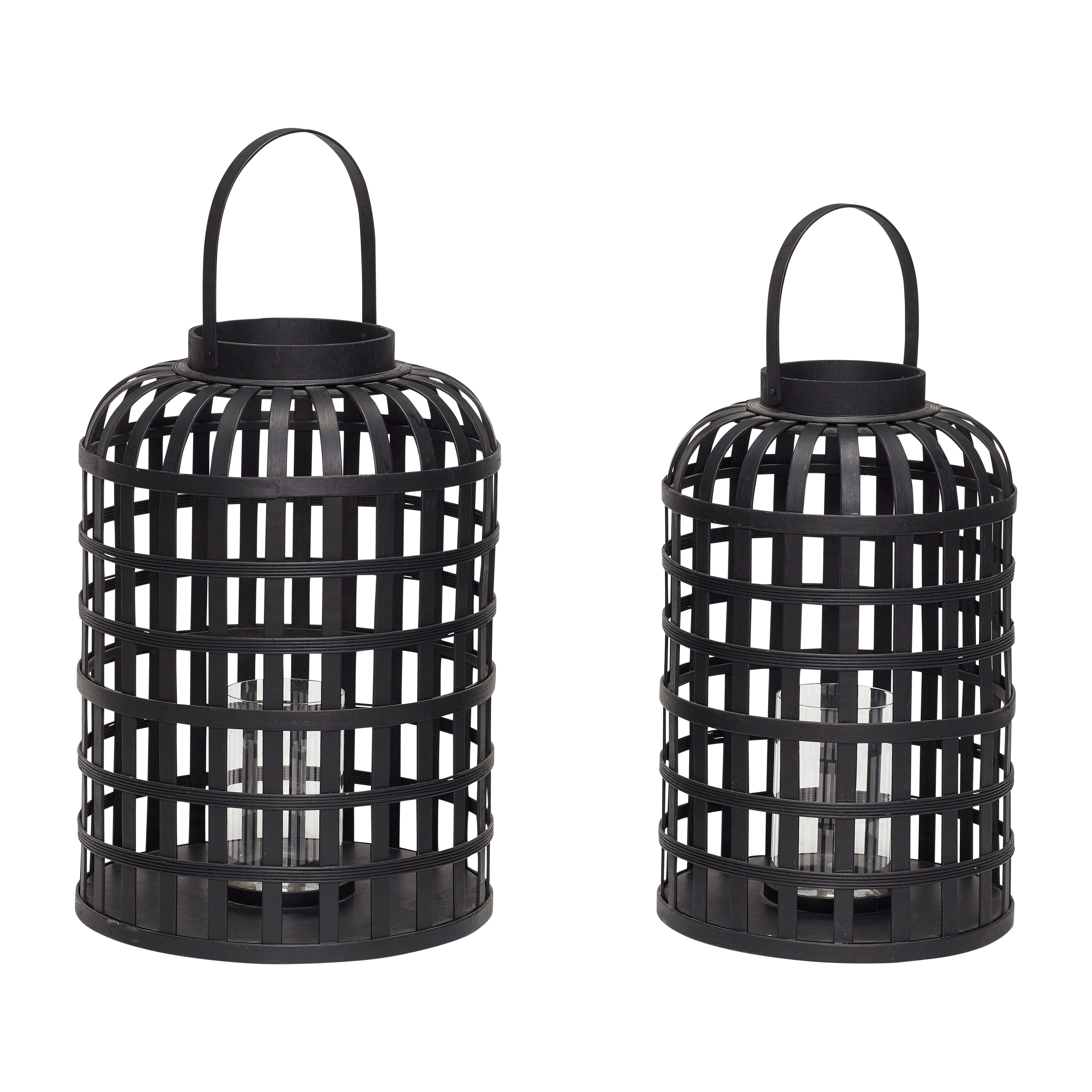 Hübsch Grid Lantern Round Bamboo Black Set Of 2