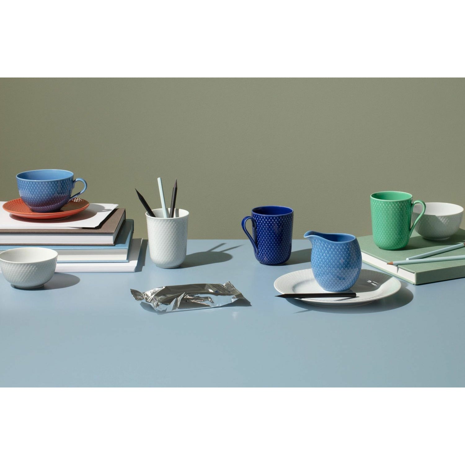 Lyngby Porcelæn Rhombe Color Tea Cup med tallerken, blå/terracotta