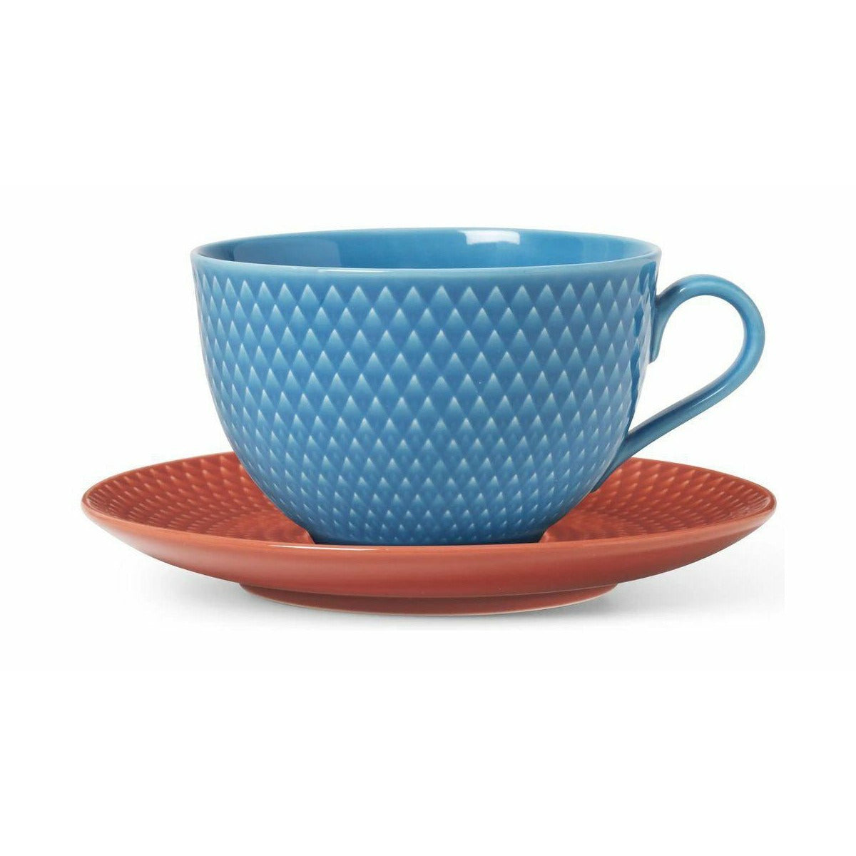 Lyngby Porcelæn Rhombe Color Tea Cup With Saucer, Blue/Terracotta