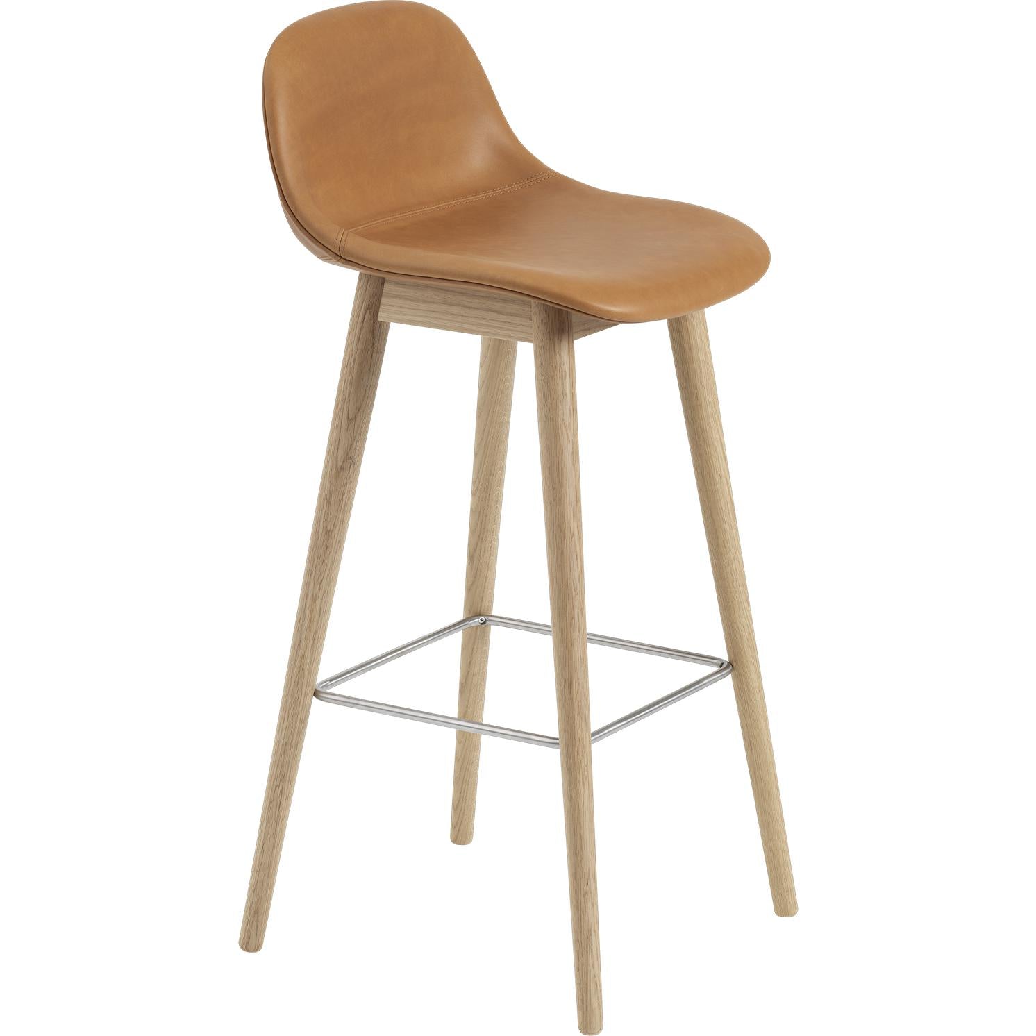Muuto Fiber Bar Chair With Backrest Wooden Legs, Fiber/Leather Seat, Brown Cognac Leather