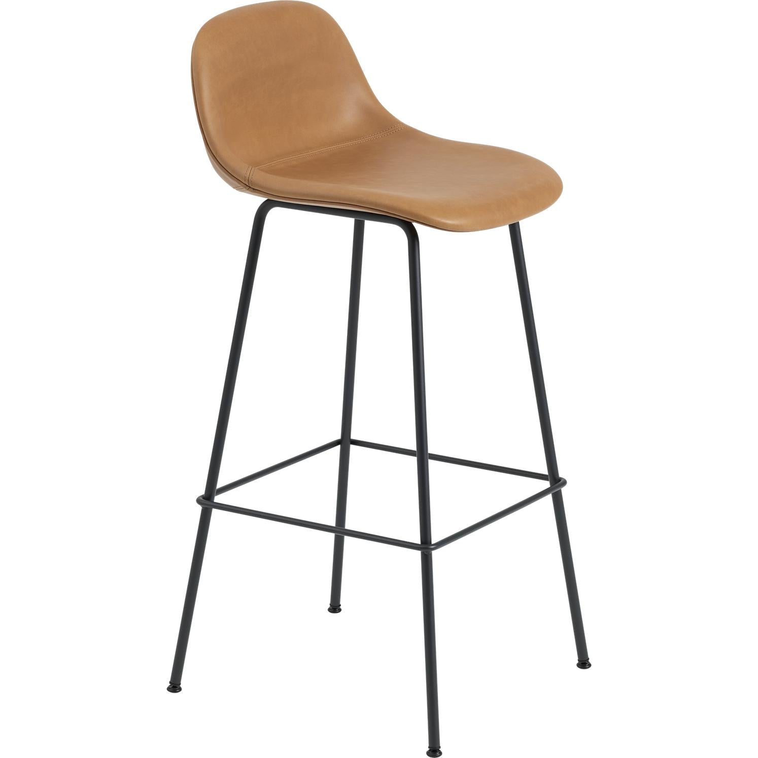 Muuto Fiber Bar Chair With Backrest Tube Base, Fiber/Leather Seat, Brown Cognac Leather